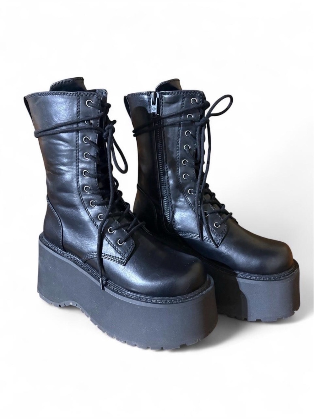 Dolls Kill Grunge At Heart Black Platform Vegan Leather Combat Boots Size 9